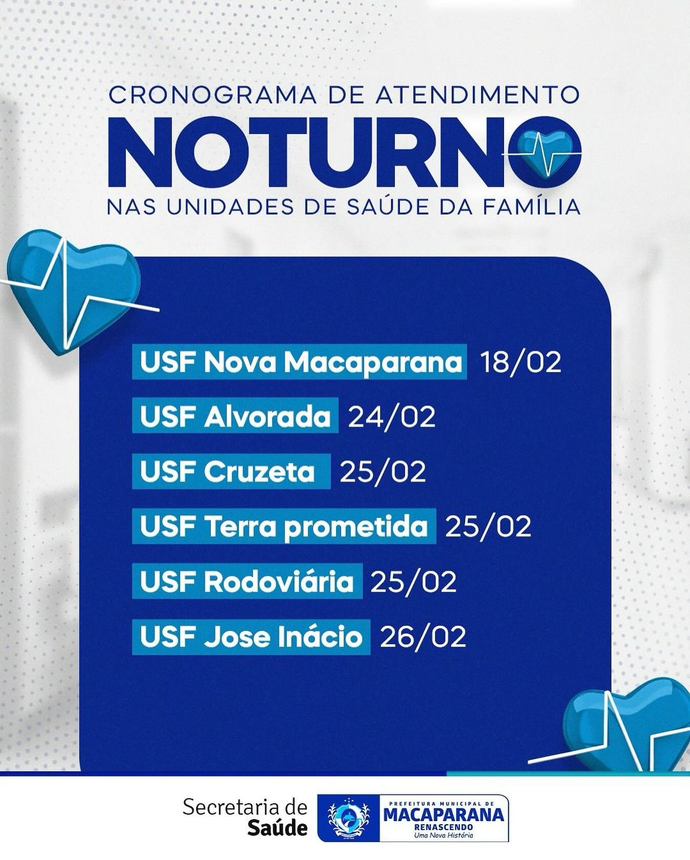 Cronograma de Atendimento Noturno nas Unidades de Saúde da Família