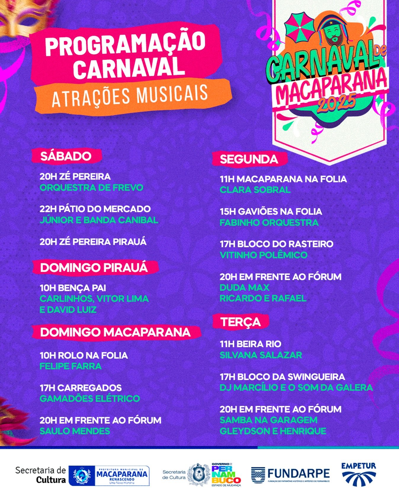 Confira a programação dos Blocos e atrações do Carnaval de Macaparana! 🎭🎶